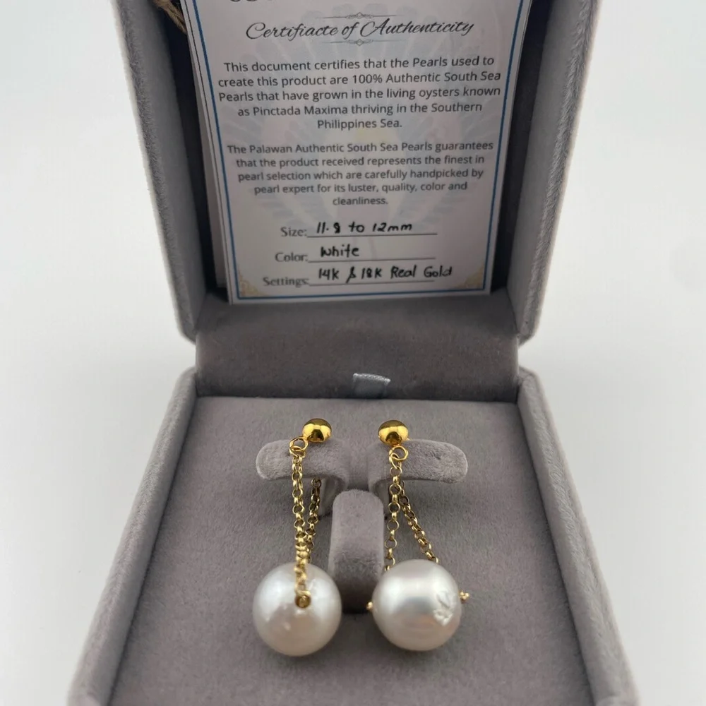 Rare 12mm South Sea Pearl Drops | Solid 18K Gold | Palawan Origin